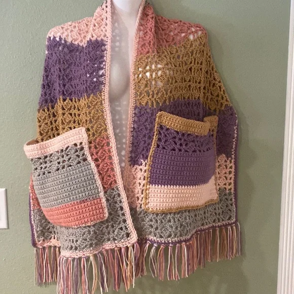 Handmade Crocheted Pocket Shawl Hippie Boho granniecore coastal grandma - Picture 1 of 5